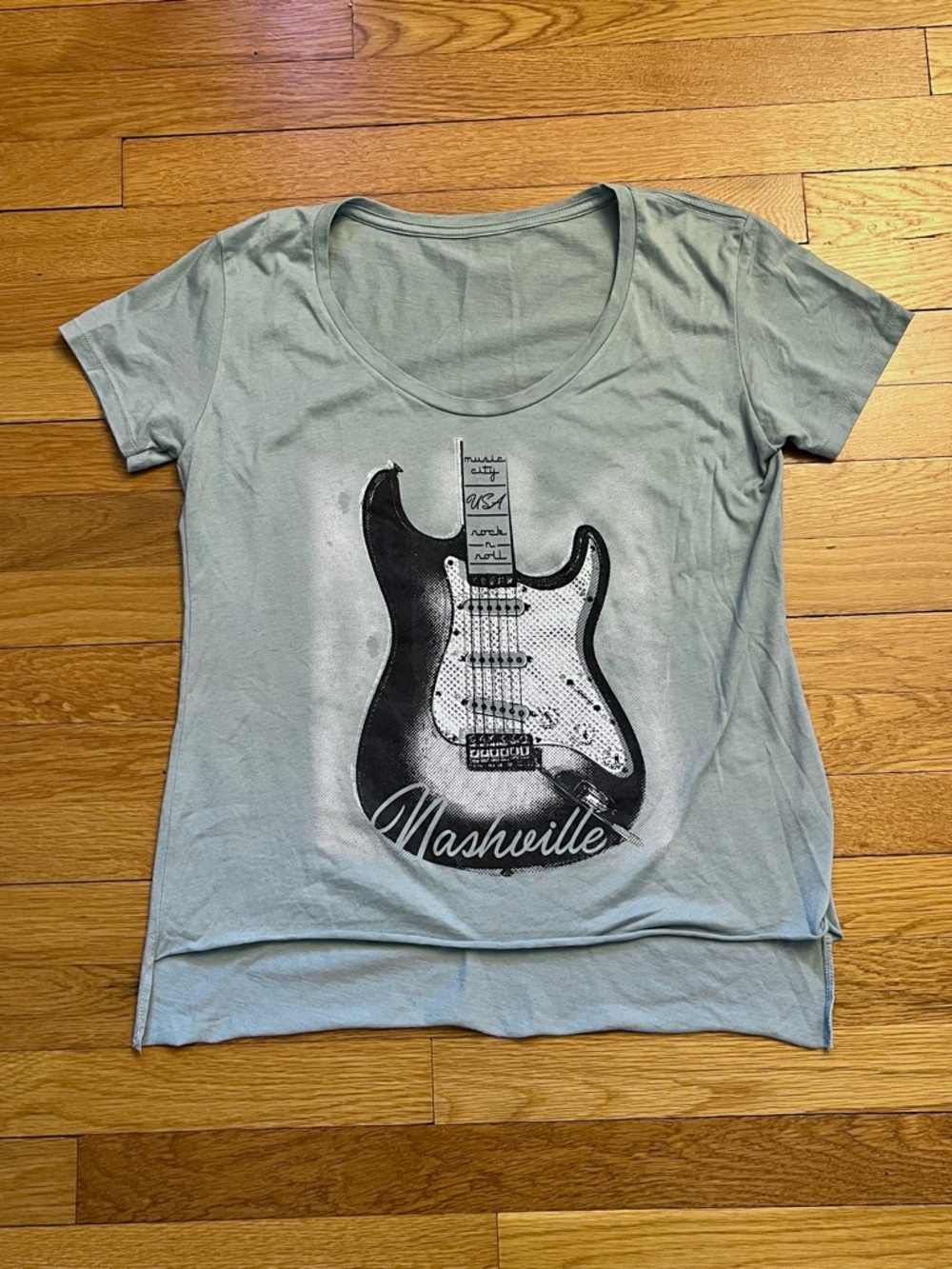 Sage green Nashville guitar shirt with rhinestones, Women’s Size M